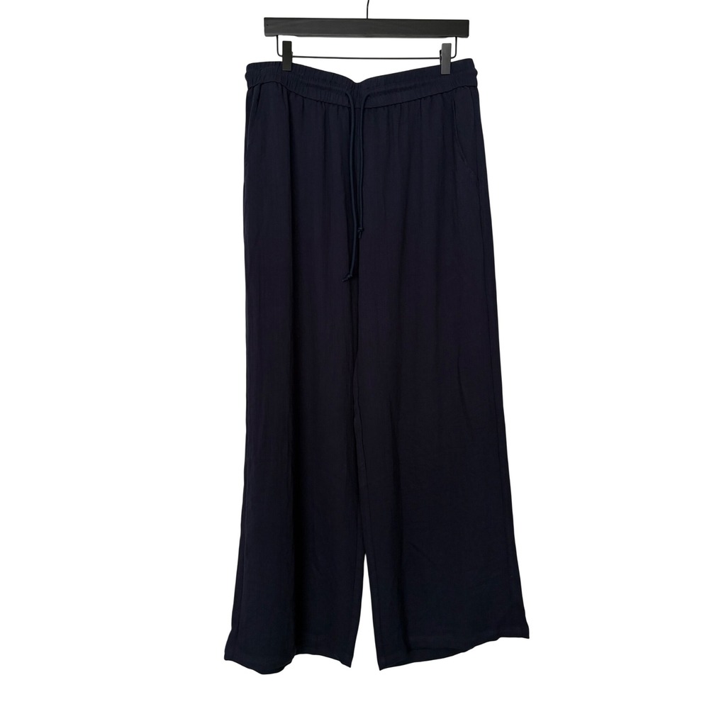 Halara Womens XL Linen Feel Navy WideLeg Drawstring Elastic Waist Pockets Pants